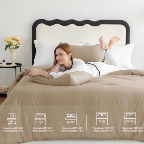 Queen Taupe Comforter Set, 3-Pc Breathable Quilted Bedding, Microfiber Down Alternative (1 Comforter + 2 Pillowcases) 2