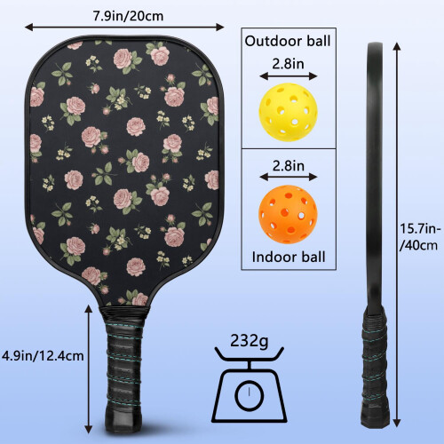 Σετ κουπιών Pickleball από fiberglass με λουλούδια, 2 μπάλες και τσάντα, συμβατό με παιχνίδι 2