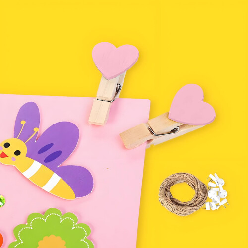 Mollette da bucato in legno a forma di cuore rosa, 10 pezzi 2