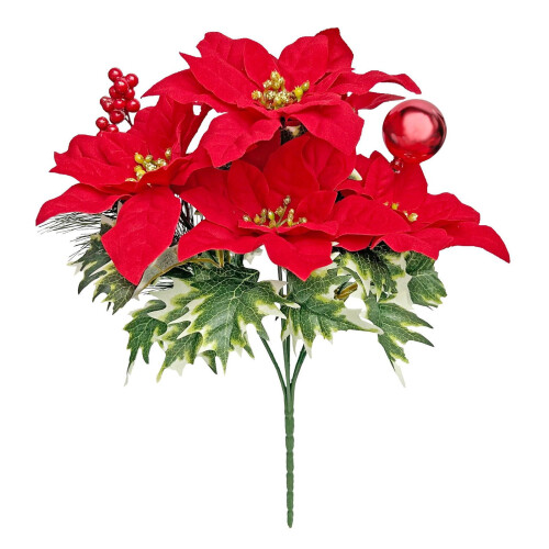 Χρυσά τεχνητά λουλούδια Poinsettia κόκκινα με κλιπς και μίσχους 1