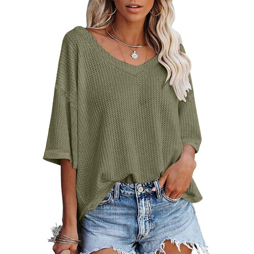 Γυναικεία oversized μπλουζάκια QLEICOM με V-Neck, χαλαρά casual τοπ, στρατιωτικό πράσινο, 1
