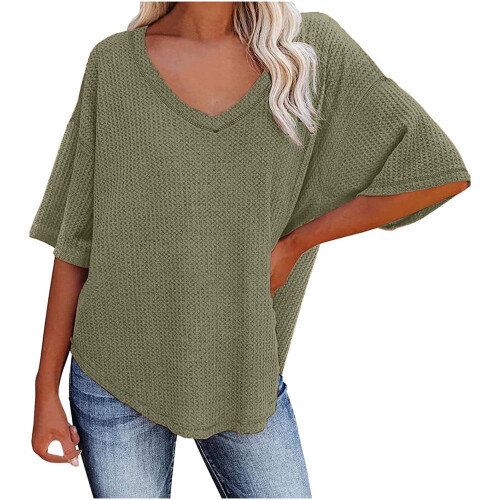 Γυναικεία oversized μπλουζάκια QLEICOM με V-Neck, χαλαρά casual τοπ, στρατιωτικό πράσινο, 2