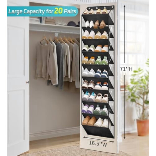 Clear over-door shoe organizer 10-tier deep pockets black 1