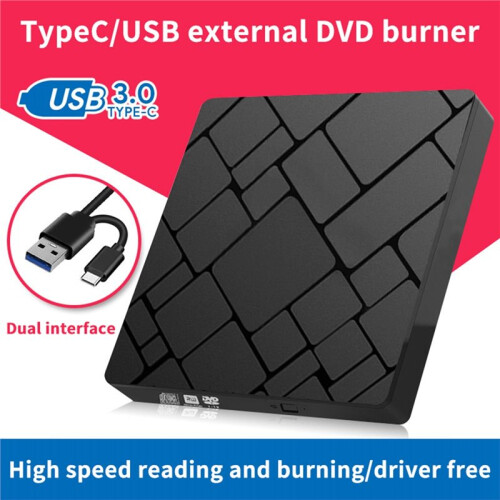 Type-C + USB 3.0 External Drive - 24X High-Speed, Multi-Function CD/DVD Burner Writer Adapter