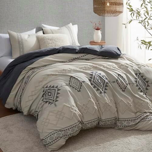 Set copripiumino singolo in stile boho, in microfibra beige e grigia, 2 pezzi con cerniera e lacci, 68"x90", morbido e resistente. 1