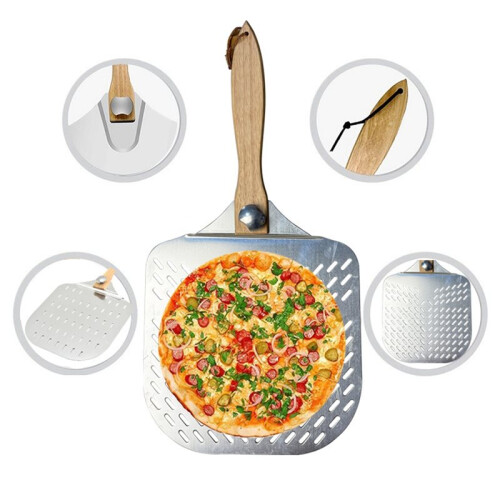 Palas para Pizza de Aluminio, Espátula Ligera, Mango Reutilizable, Antiadherente, Perforada. 2
