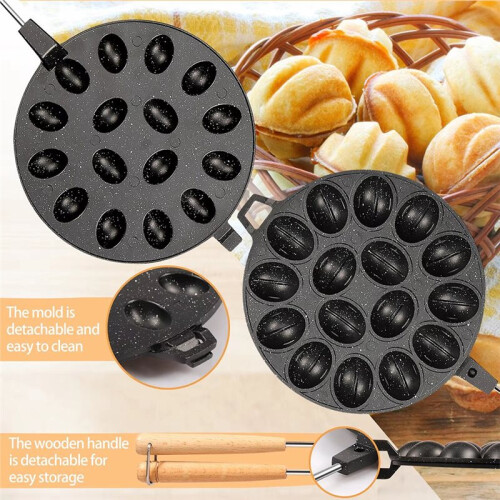 16-Hole Walnut Cookie Cutter, Universal Baking Pan with Non-Stick Coating and Wooden Handle 2