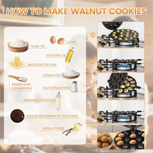 16-Hole Walnut Cookie Cutter, Universal Baking Pan with Non-Stick Coating and Wooden Handle 1