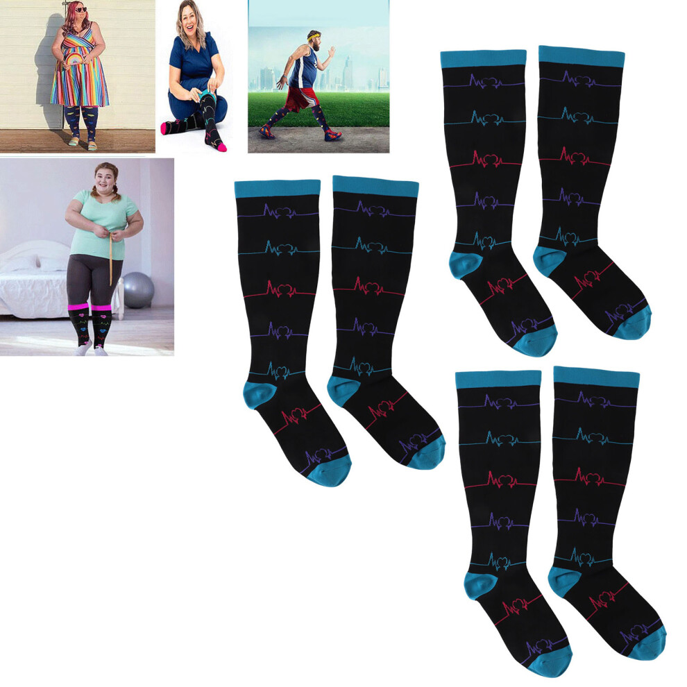 Blue Plus Size Compression Socks Electrocardiogram Pattern Xxl For Wide Calf, Knee High