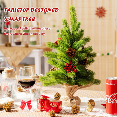 2ft Mini Christmas Tree with 60 Tips, Pine Cones & Berries – Small Tabletop Artificial Pine Tree for Xmas Home Décor 2