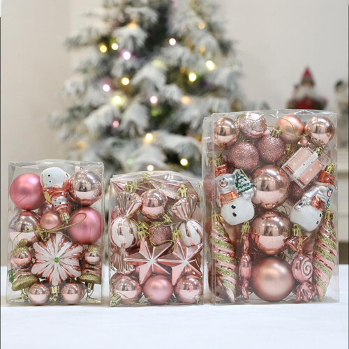 Pink Christmas Ornament Set - Plastic, 3 Sizes, Gift Box 1