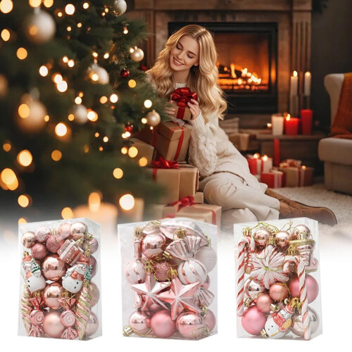 Pink Christmas Ornament Set - Plastic, 3 Sizes, Gift Box 2