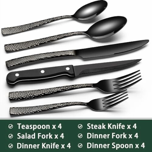Stainless Steel Flatware Set Black Hammered 24-Pc 1