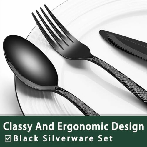 Stainless Steel Flatware Set Black Hammered 24-Pc 2
