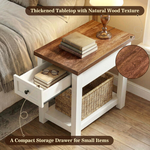 Farmhouse End Table with Charging Station White Brown 2