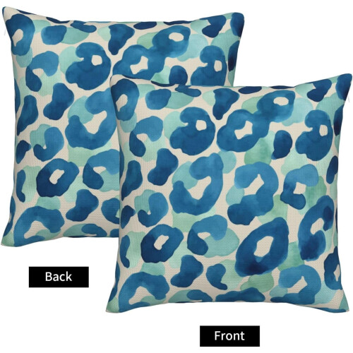 Fodere per cuscini leopardate in lino blu e verde, 18x18 cm, set da 2 1