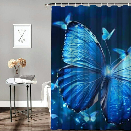 Butterfly Blue Shower Curtain Set with Hooks 1