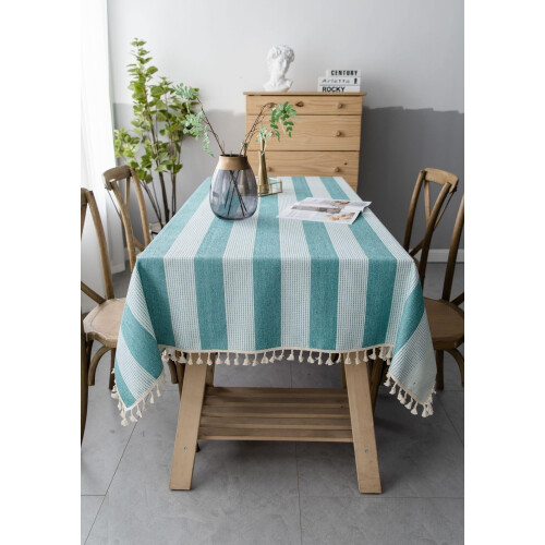 Cotton Linen Rectangular Tablecloth with Stripes and Tassels 1