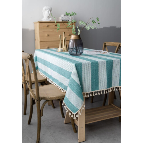 Cotton Linen Rectangular Tablecloth with Stripes and Tassels 2