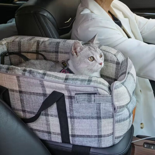 Console centrale, siège auto pour animaux de compagnie, imperméable, gris à carreaux 1