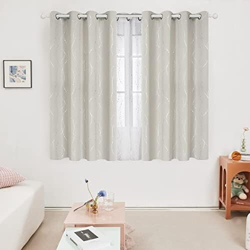 Beige Thermal Blackout Curtains with Silver Wave Print, 1
