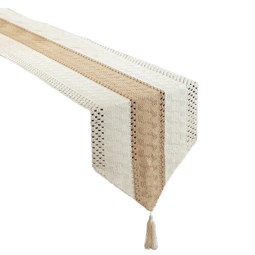 Chemin de table bohème en macramé avec pompons marron 30 x 120 cm 1