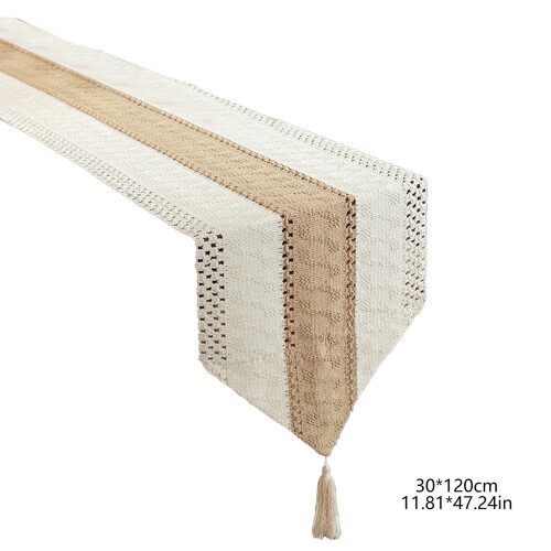 Chemin de table bohème en macramé avec pompons marron 30 x 120 cm 2