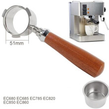 Portafilter 51mm with Filter Basket 1/2/4 Cup ,51mm Portafilter Stainless Steel Espresso Filter Basket Set Wood Handle