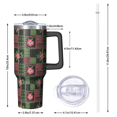 Ποτήρι Pioneer με 40oz, μονωμένο με λαβή και σχέδιο λουλουδιών, καπάκι και καλαμάκια 1