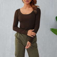 Donne Top a Manica Lunga A Coste Marrone M, Collo Rotondo, Fit Slim