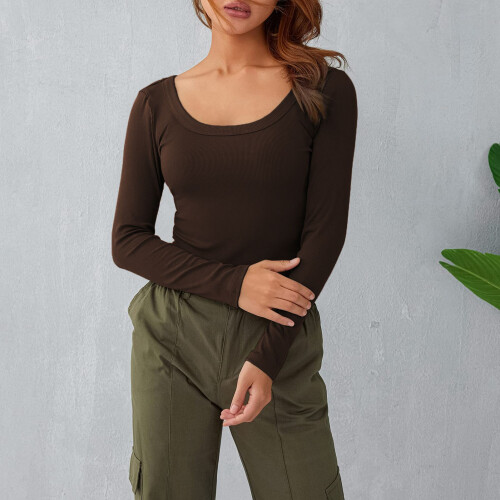 Damen Langarm-Ripp-Top, Rundhalsausschnitt, Braun, M
