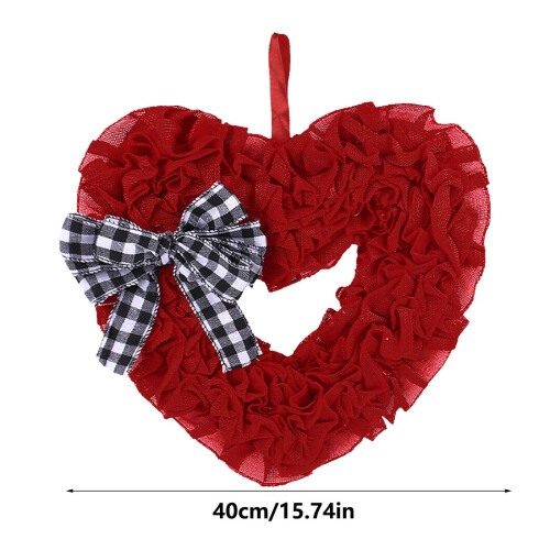 Red Burlap Heart Wreath 40cm with Plaid Bow 2