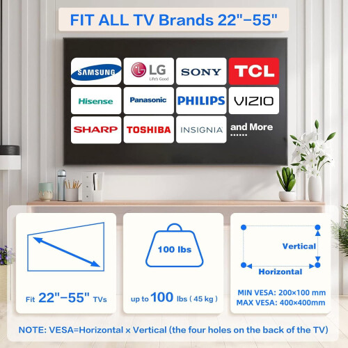Suporte de parede para TV sem furos, compatível com TVs de 22 a 55 polegadas e até 45 kg (100 lb), instalação sem vigas, todos os acessórios 2