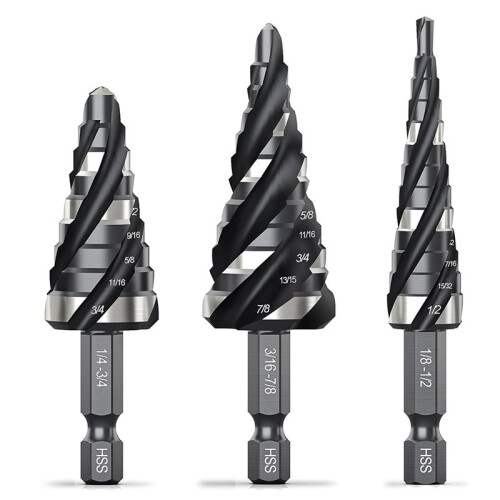 Four Spiral Flute Step Drill Bit Set, 3 Pcs HSS Step Drill Bits (1/8"-7/8") Unibit Step Drill Bit , 1/4" Shank Step Bits 1