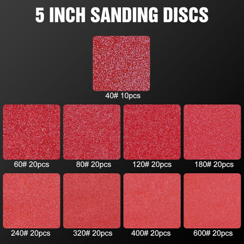 Conjunto de 170 discos de lixa de 5 polegadas (12,7 cm) com grãos 40, 60, 80, 120, 180, 240, 320, 400 e 600, com 8 furos e sistema de fixação por 1