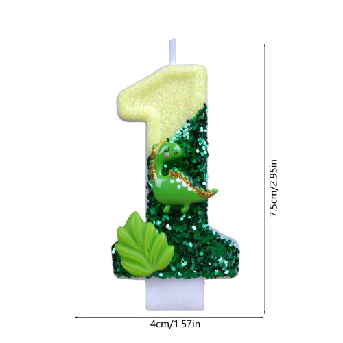 Dinosaur Green Number Candles 3D Sequin Cake Topper 2
