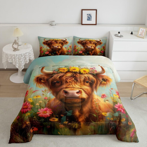 Σετ παπλώματος Highland Cow King – Ρουστίκ Αγροικία, Γαλαζοπράσινο & Καφέ, Περιλαμβάνει 1