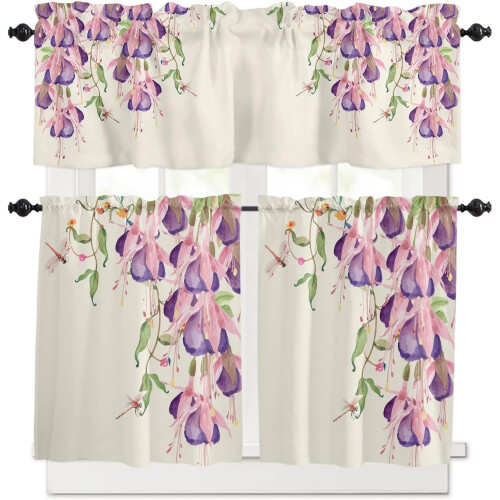 Kitchen Curtains and Valances Set Spring Purple Flower 3 1