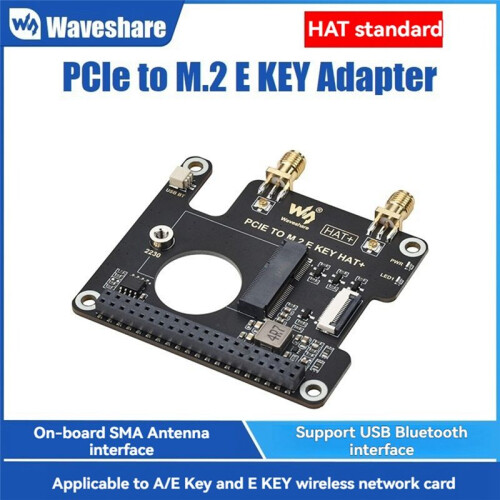 Waveshare PCIe to M.2 E KEY Adapter Board HAT+ for Raspberry Pi 5 Network Card Expansion Board Supports USB/ 1