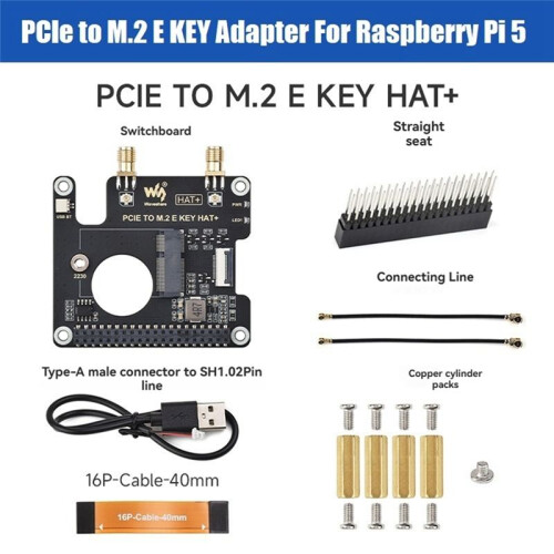 Waveshare PCIe to M.2 E KEY Adapter Board HAT+ for Raspberry Pi 5 Network Card Expansion Board Supports USB/ 2