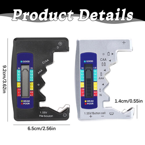 Battery Tester, Universal Battery Checker Small Battery Testers for AAA AA C D 9V 1.5V Button Cell, Silver 2