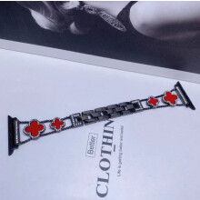 (Black+Red, Versa3) NEW For Fitbit Versa 2/3/4 Diamond Inlaid Four-Leaf Clover Metal Watch Strap