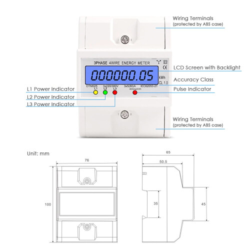 Ηλεκτρικός μετρητής kWh 5-80A, 220/380V, 4-καλωδίων, σε ράγα DIN με οθόνη LCD 2
