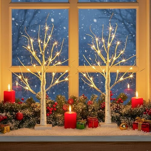 24-LED Lighted Birch Tree Decor, 2-Pack 2FT Mini White Xmas Trees, Battery/USB Powered, Indoor Table/Mantel Use 2