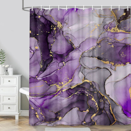 Cortina de chuveiro para banheiro em mármore roxo com ganchos, 72 x 84 polegadas 1