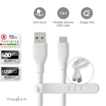 USB kaapeli | USB 2.0 | USB-A Uros | USB-C Uros | 15 W | 480 Mbps | Niklattu | 1.50 m | Pyöreä | Silikoni | Valkoinen | Laatikko