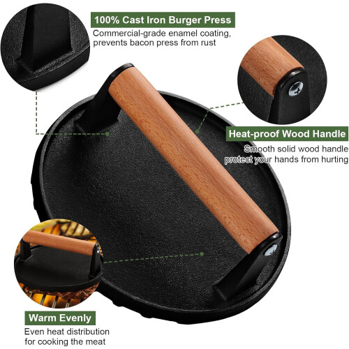 Πρέσα Burger, 7" Στρογγυλή, βαρέως τύπου, χυτοσιδηρή πρέσα Smash Bacon για κρέας και 2