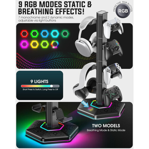 Supporto da gioco RGB per controller, cuffie e telecomando PS5/PS4 – 9 luci, 2 porte USB 3.0, compatibile con PS5/PS4 2