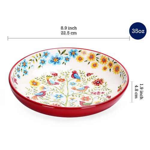 Κεραμικά μπολ Bico Red Spring Birds 35oz, σετ 4 τεμαχίων, για ζυμαρικά, σαλάτες, δημητριακά, 1