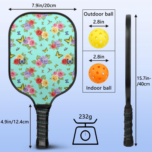 Σετ κουπιών Pickleball από fiberglass με λουλούδια και 2 μπάλες και τσάντα – Συμβατό με 2